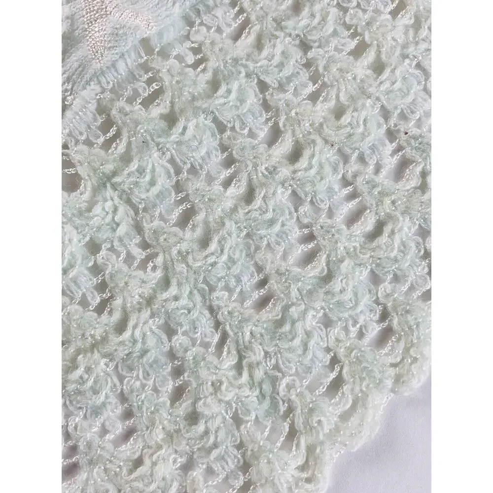 ANTIQUE BABY BLANKET DELICATE FINE 40 X 40 PALE MINT GREEN COVERLET PEACOCK VNTG